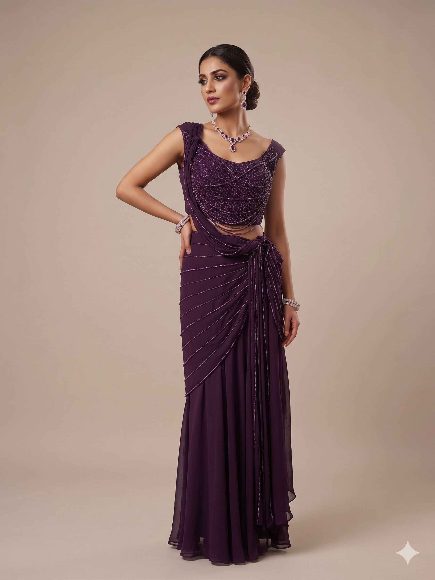 Deep Wine Pre-Stiched Drape Saree Secondary image