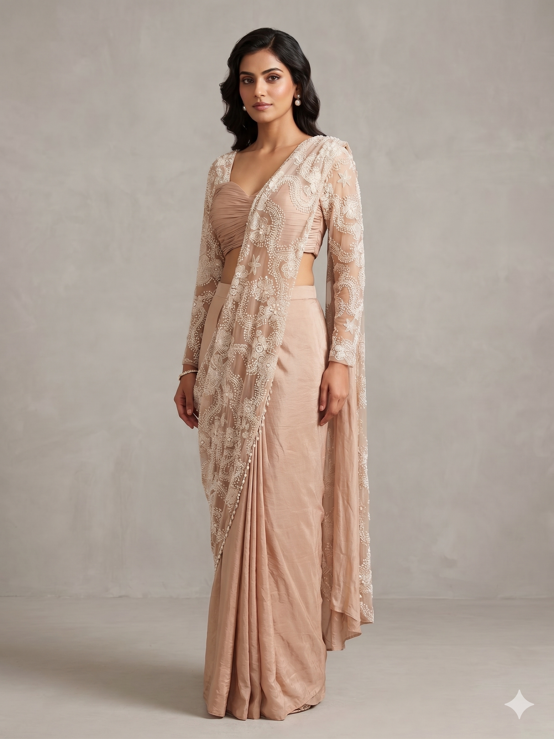 Beige Rose Pre-Stitched Saree Main image