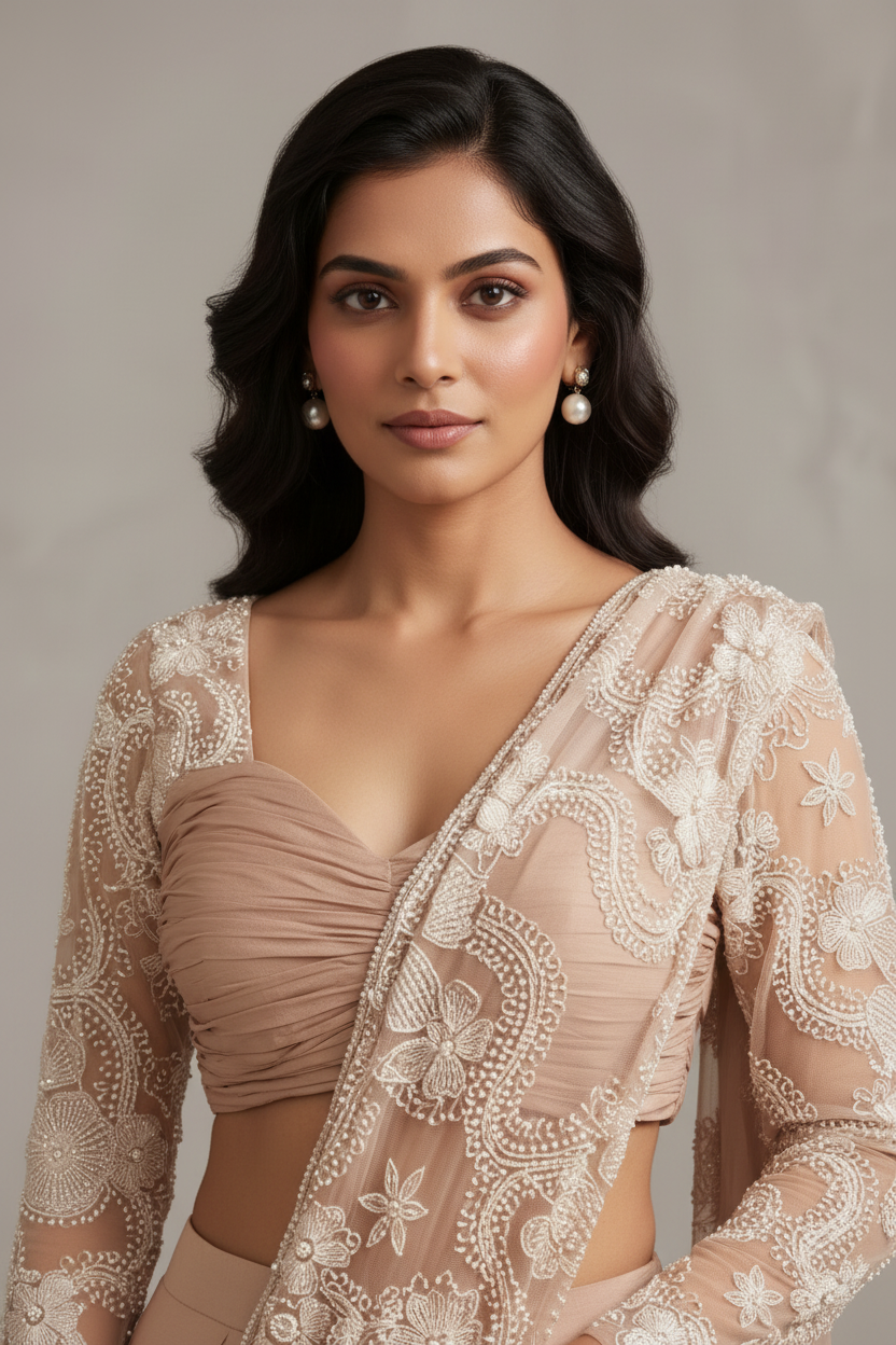 Beige Rose Pre-Stitched Saree Secondary image