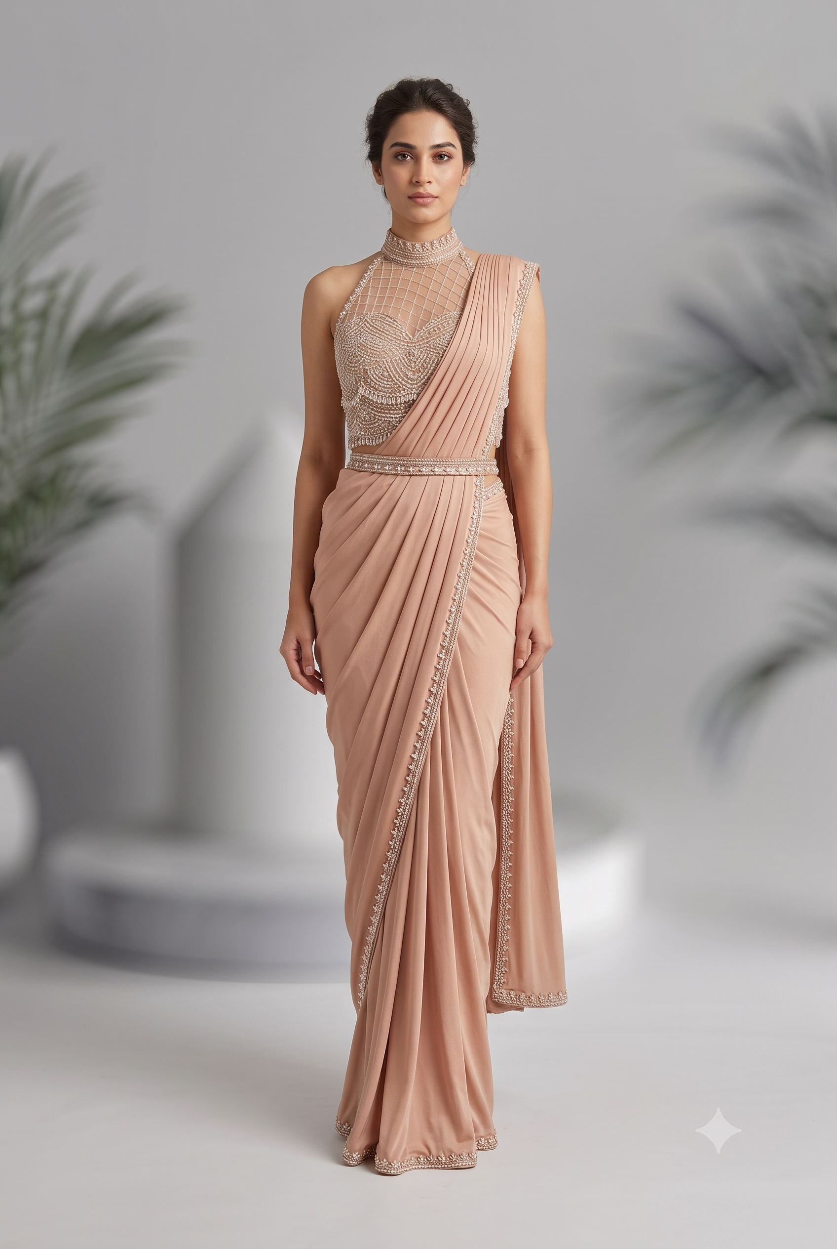 Pearl High-Neck Golden Pre-Draped Saree Main image