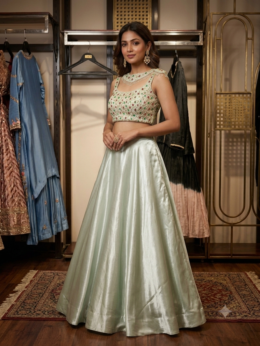 Mint Green Satin Silk Lehenga Set with Embellished Crop Blouse