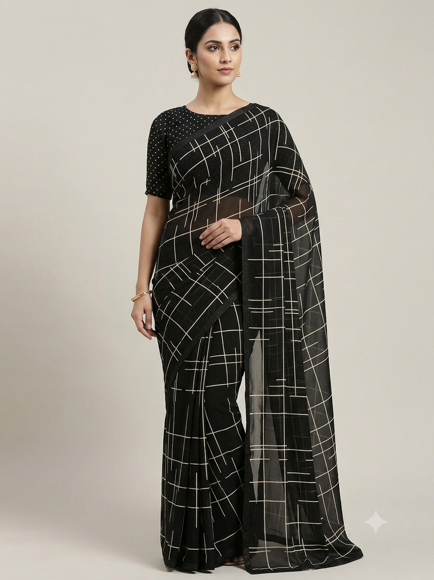 Black Soft Fabric Saree with White Geometric Lines