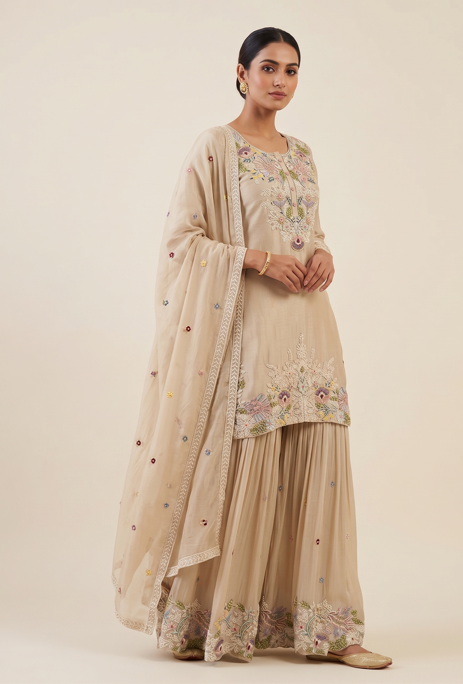 Beige Meadow Embroidered Sharara Set Main image