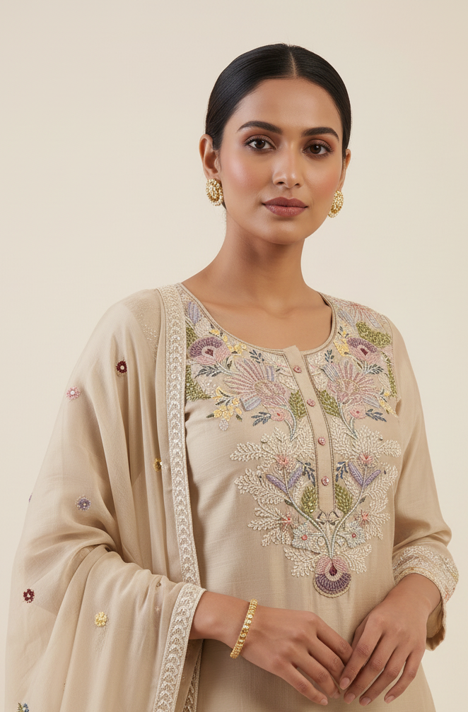 Beige Meadow Embroidered Sharara Set
