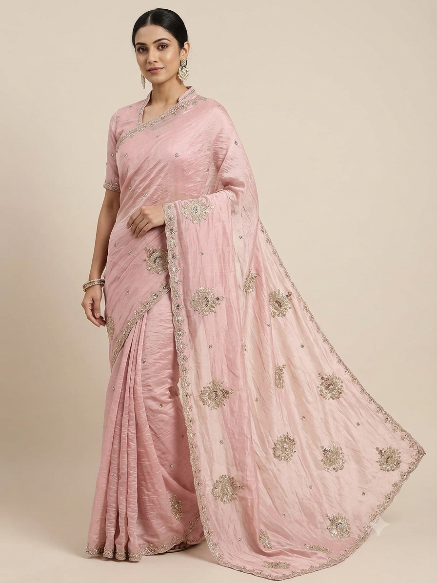 Pink Soft Fabric Saree with Floral Embroidery