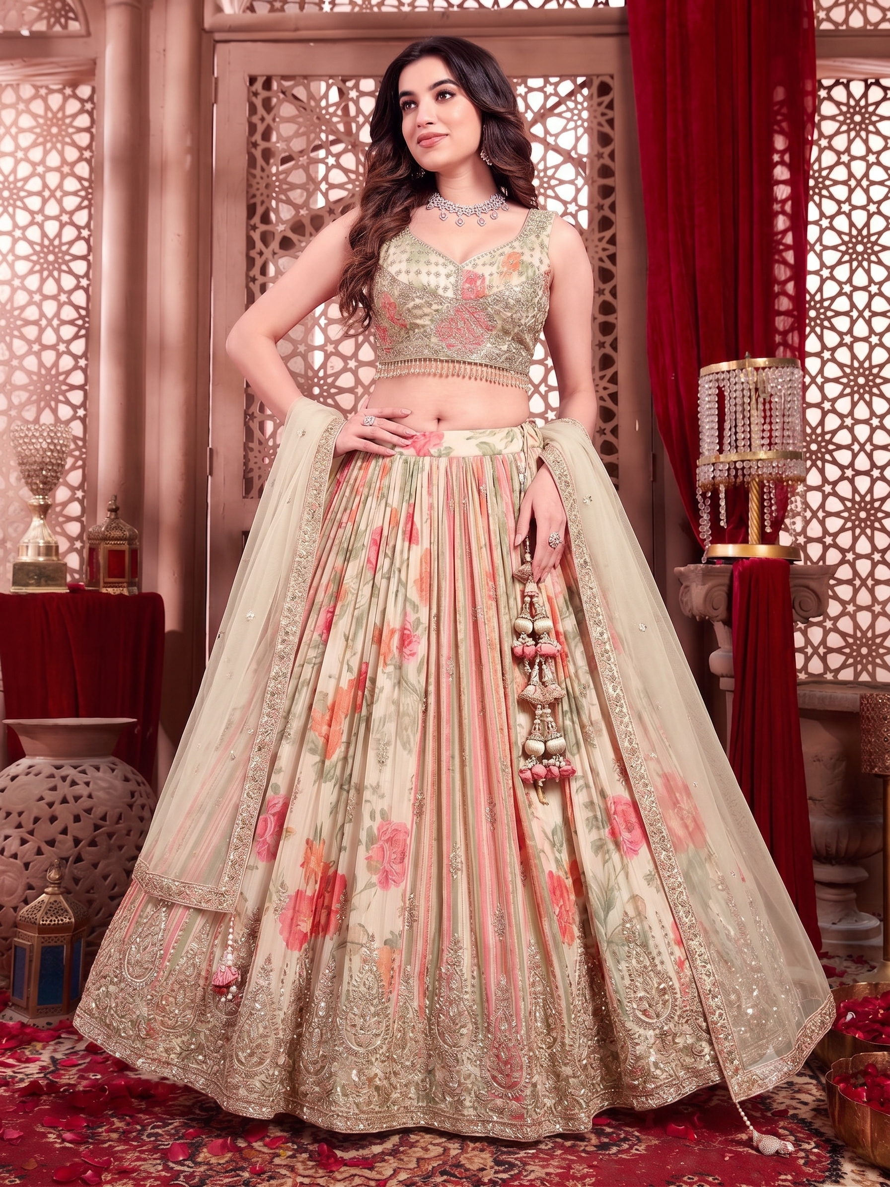 Crimson Floral Pleated Lehenga Set Main image