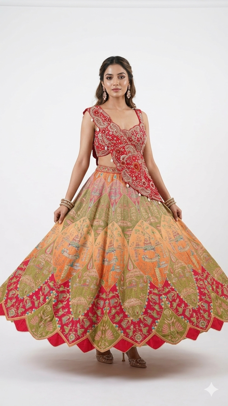 Multi-Color Digital Print Lehenga with Asymmetric Embroidered Blouse