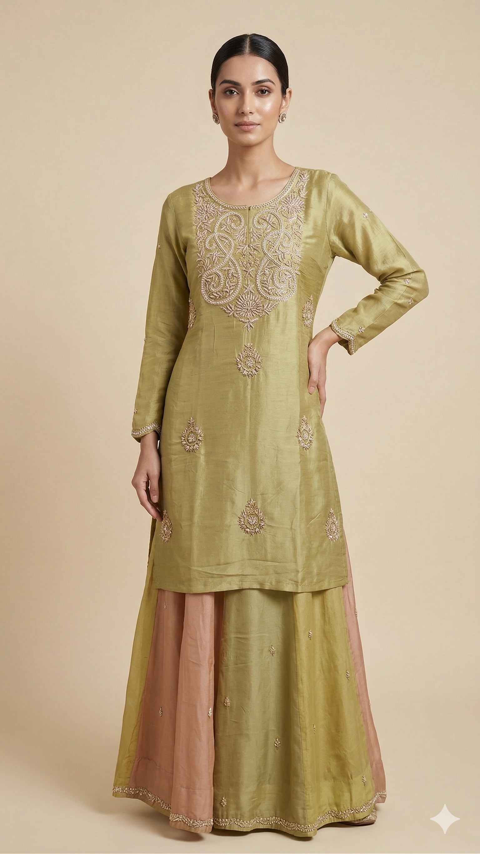 Embroidered Kurta with Dual-Tone Skirt