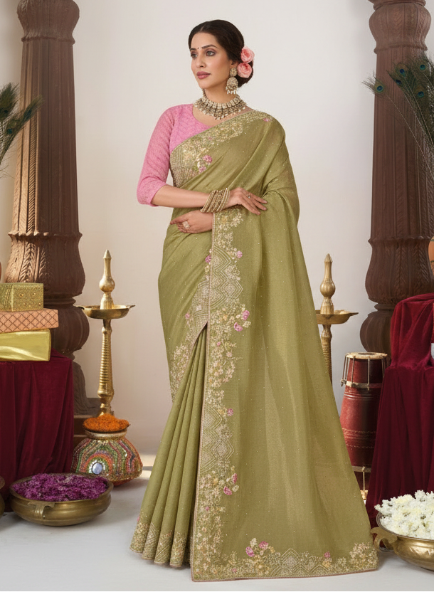 Olive Gold Organza Saree Main image
