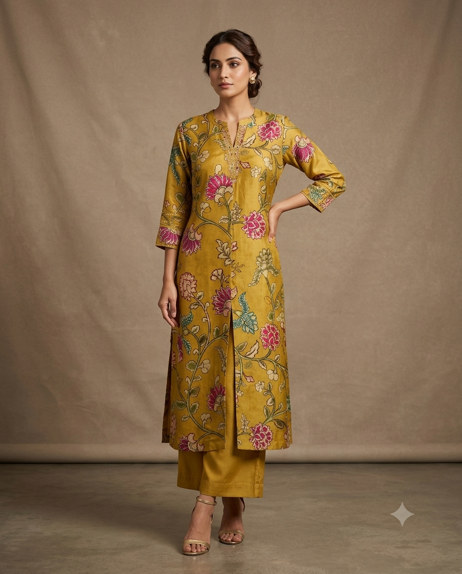 Mustard Yellow Floral Kalamkari Silk Kurti Main image