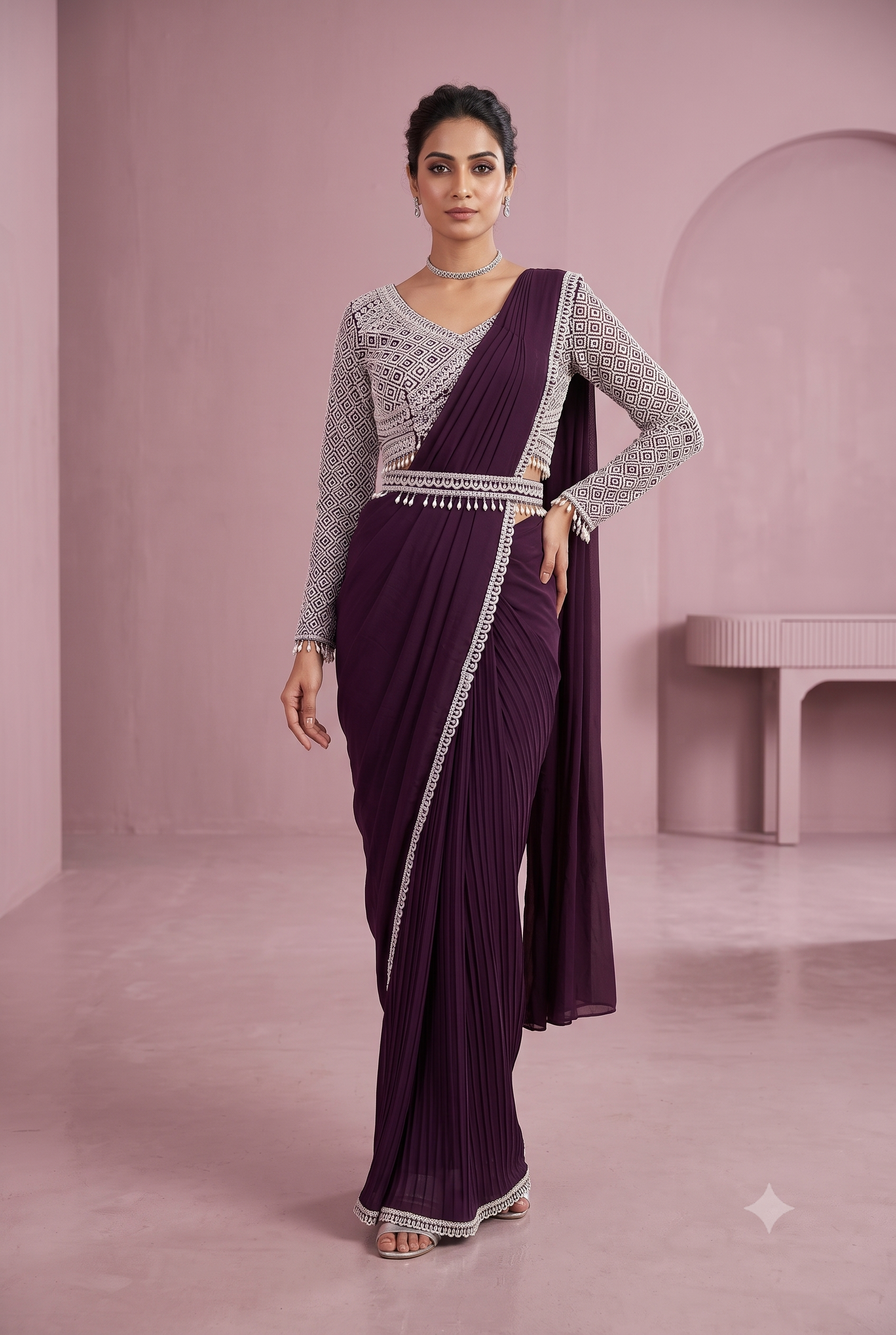 Geometric Embroidered Pre-Draped Saree Main image