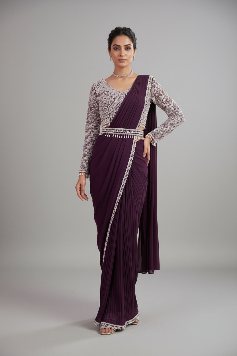 Geometric Embroidered Pre-Draped Saree Main image