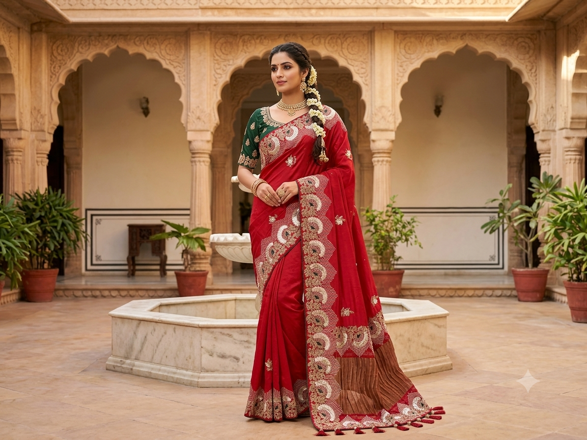 Vermilion Red Floral Embroidered Saree Main image