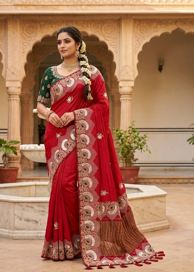 Vermilion Red Floral Embroidered Saree Main image