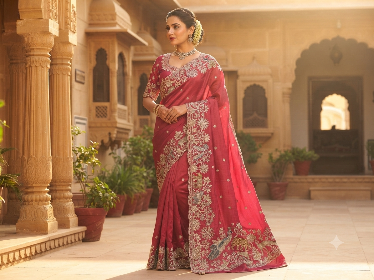 Coral Pink Floral Embroidered Saree Main image