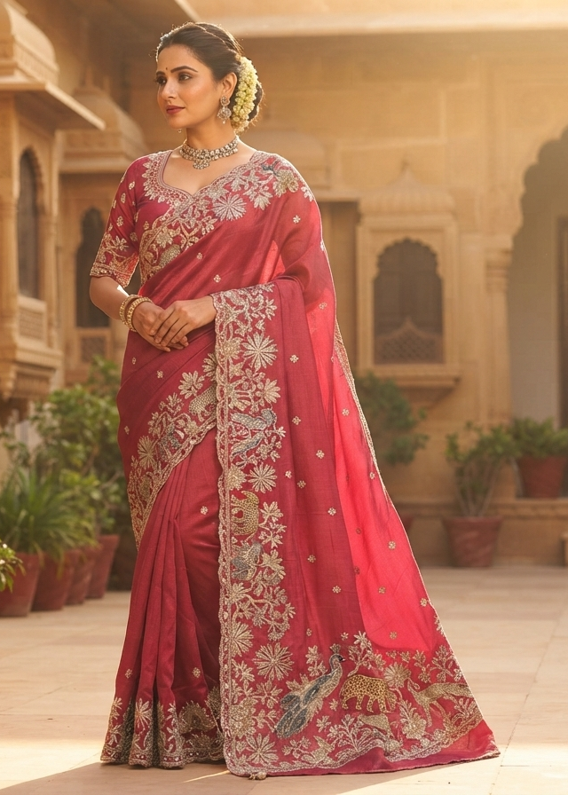 Coral Pink Floral Embroidered Saree Main image