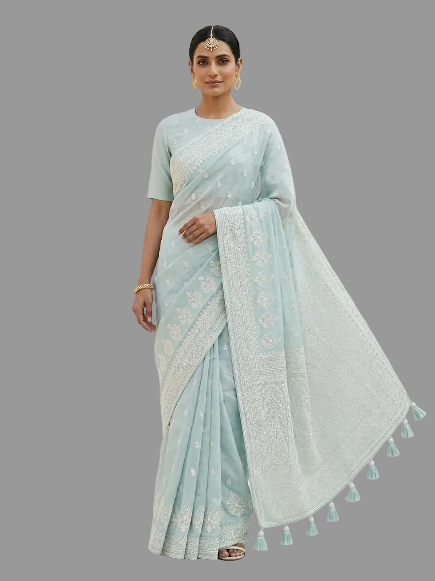 Sky Blue Organza Saree with White Floral Embroidery Main image