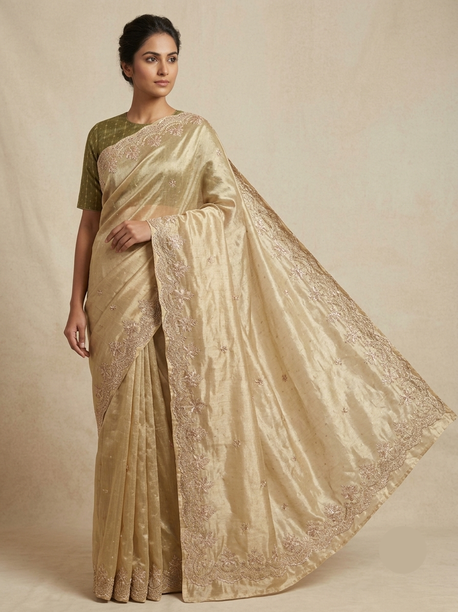 Golden Silk Saree with Floral Embroidery and Designer Border