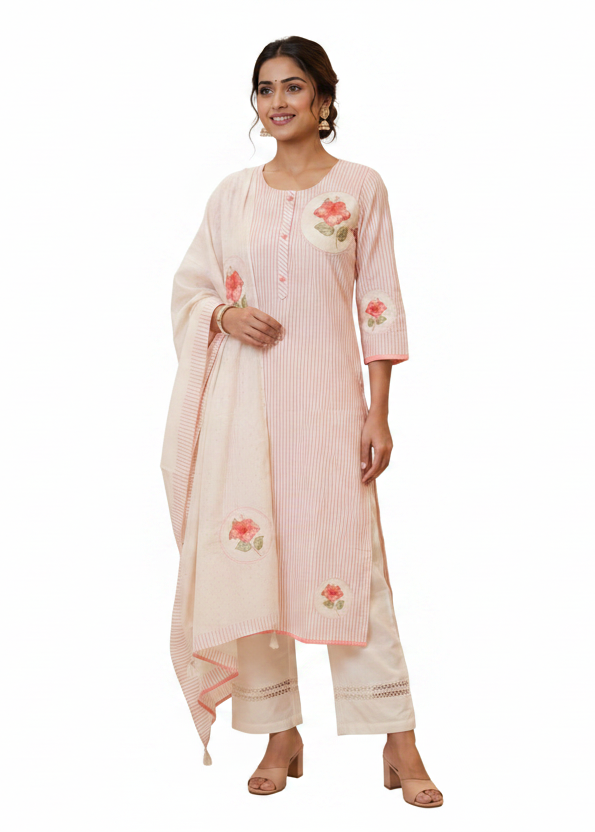 Pastel Pink Striped Cotton Kurta Set