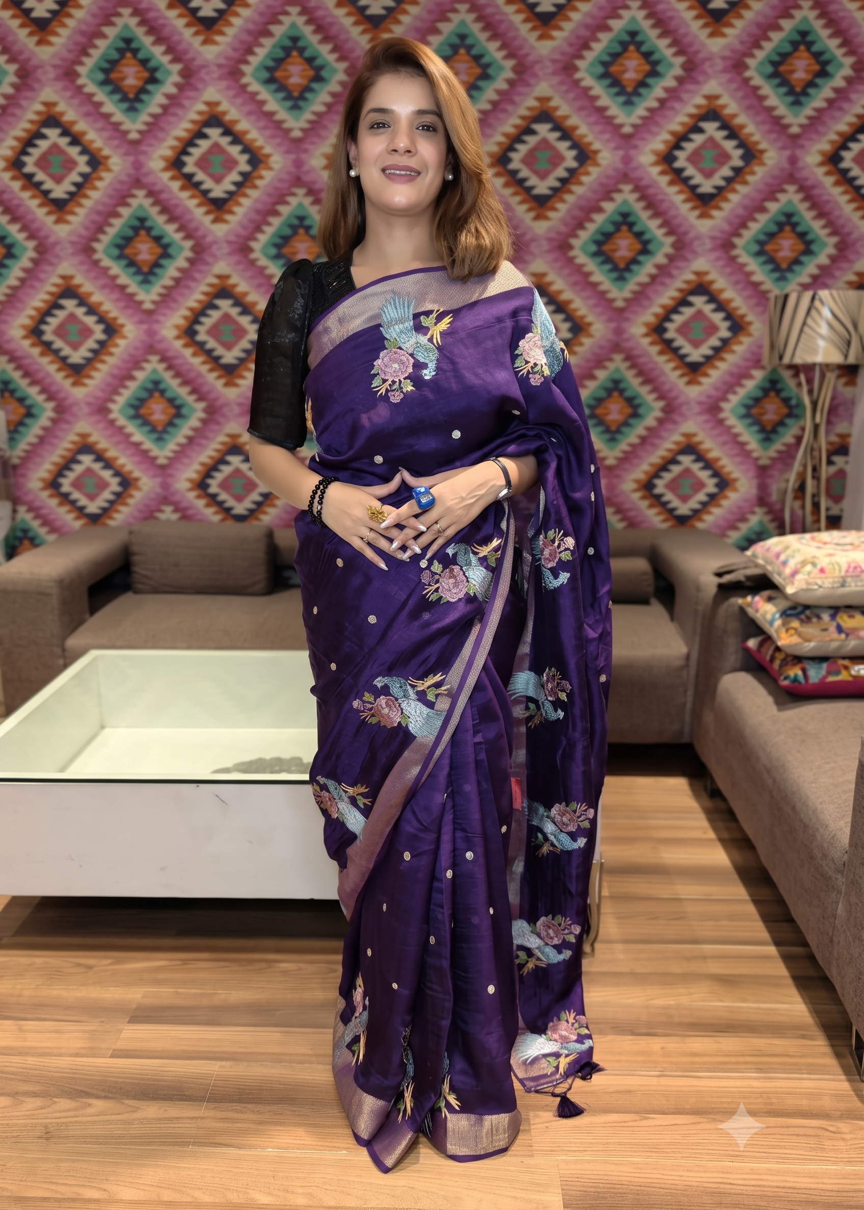 Peacock Motifs Royal Purple Silk Saree Main image