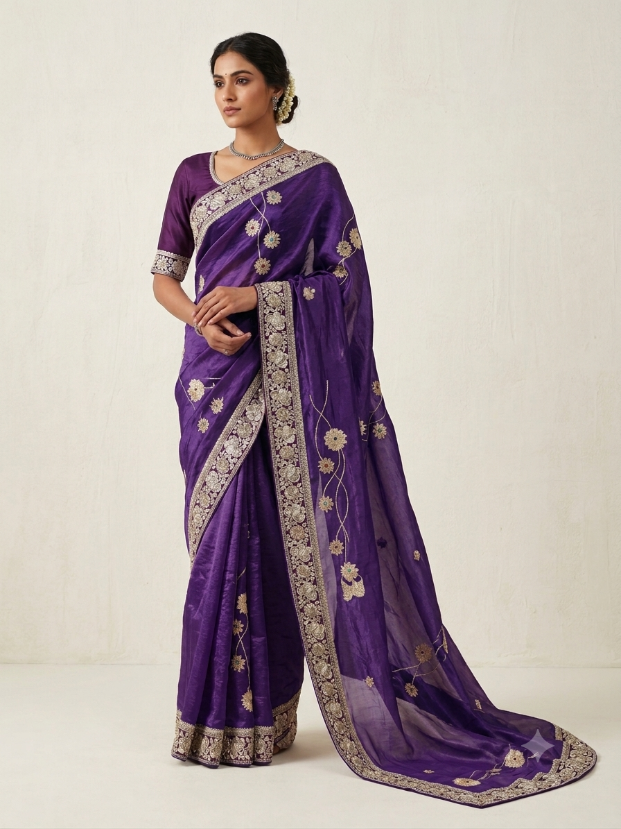 Elegant Purple Organza Saree with Embroidery and Designer Border