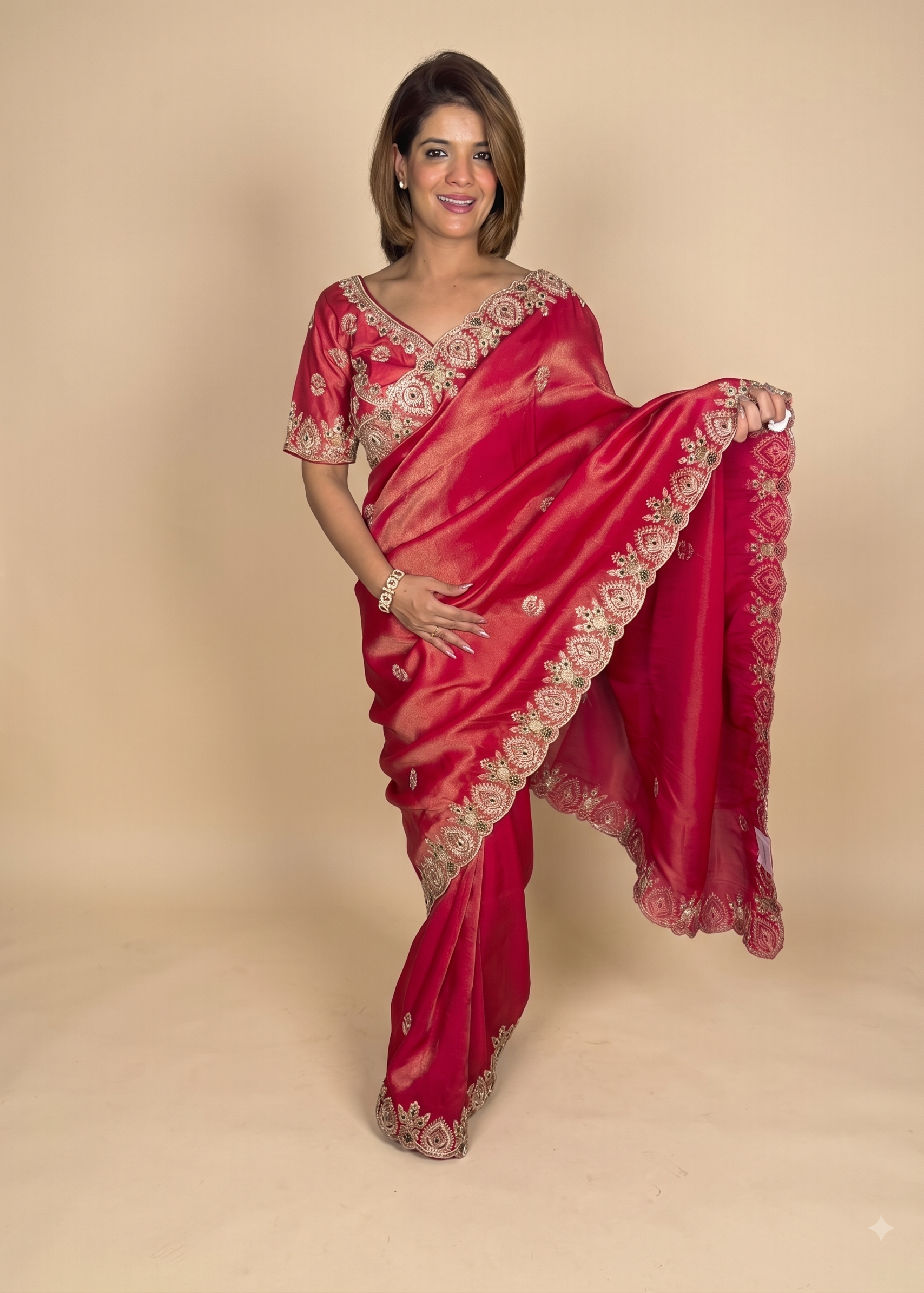 Heavy Embroidered Crimson Red Saree
