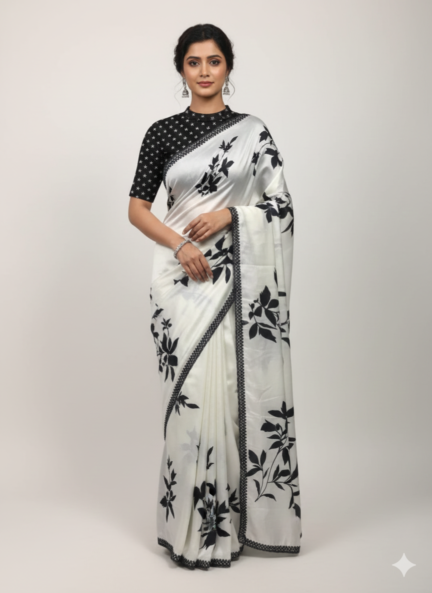 White Blossom Satin Saree (586 GS-11)