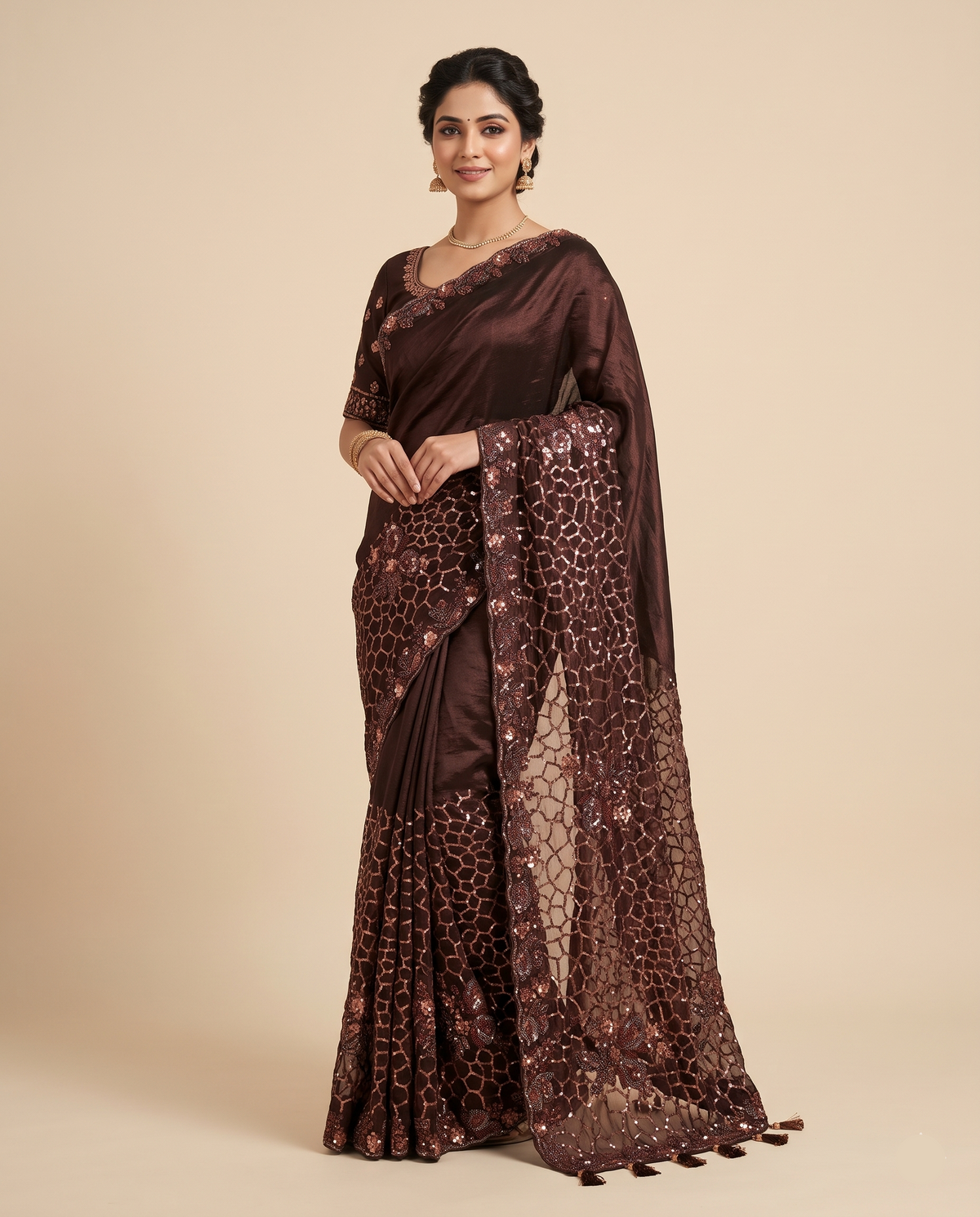 Chocolate Brown Silk & Net Saree with Honeycomb Jaal Main image