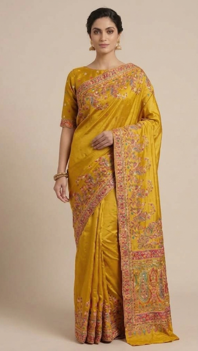 Mustard Yellow Silk Saree with Intricate Multicolour Embroidered Border