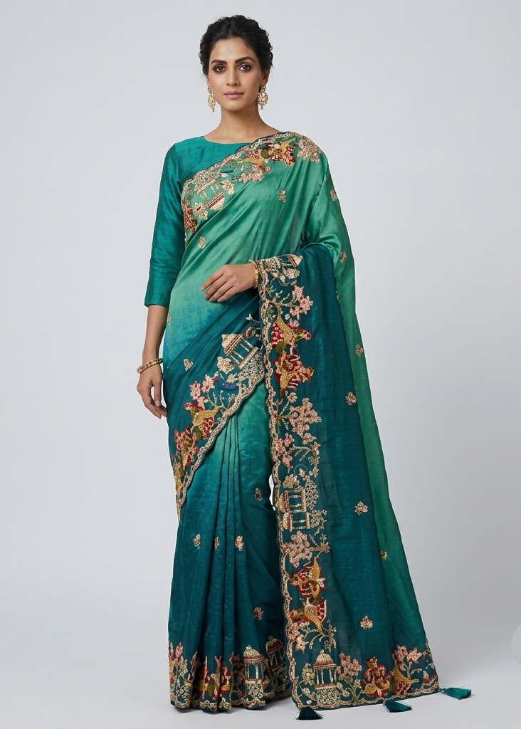 Blue Jimmy Choo Saree with Traditional Embroidery Main image