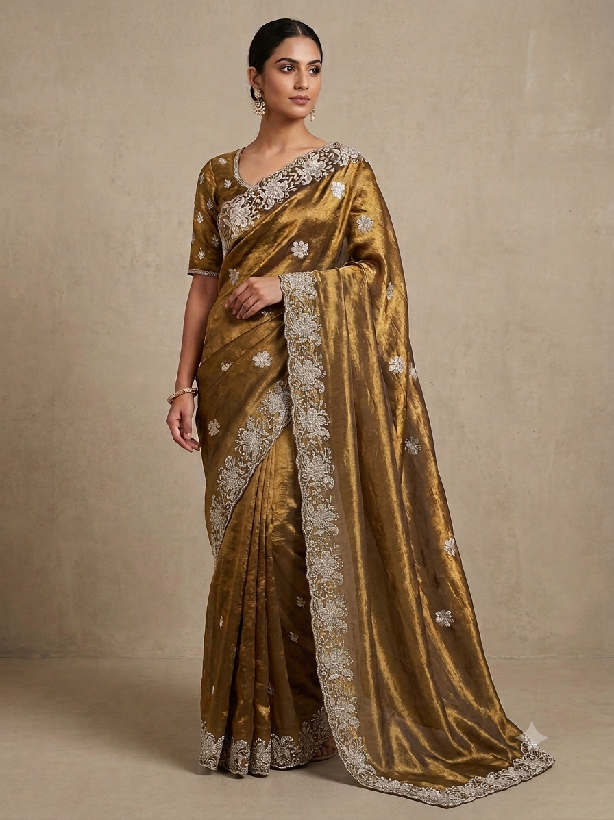 Golden Brown Organza Saree with Silver Floral Embroidery Main image