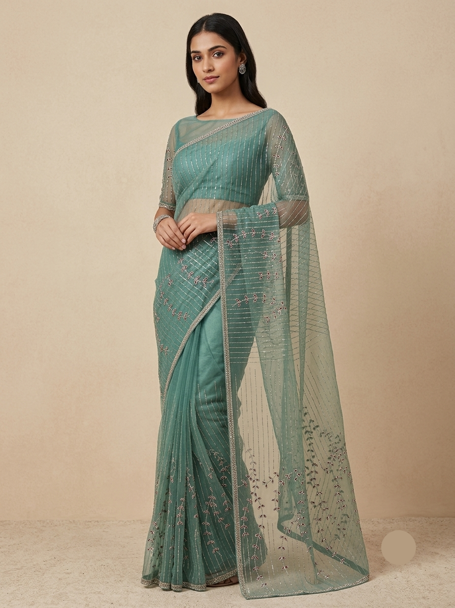 Pista Green Organza Saree with Delicate Floral Embroidery