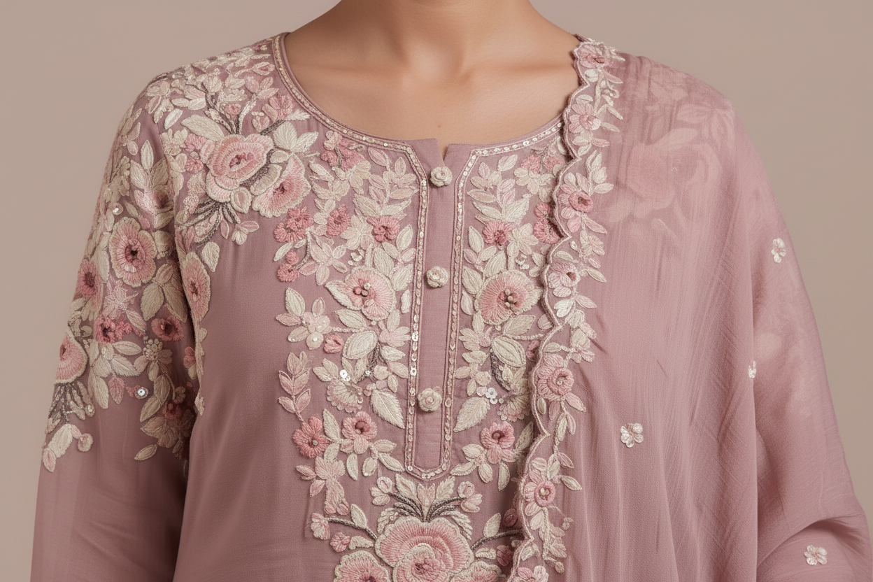 Dusty Rose Floral Sharara Suit Set Secondary image