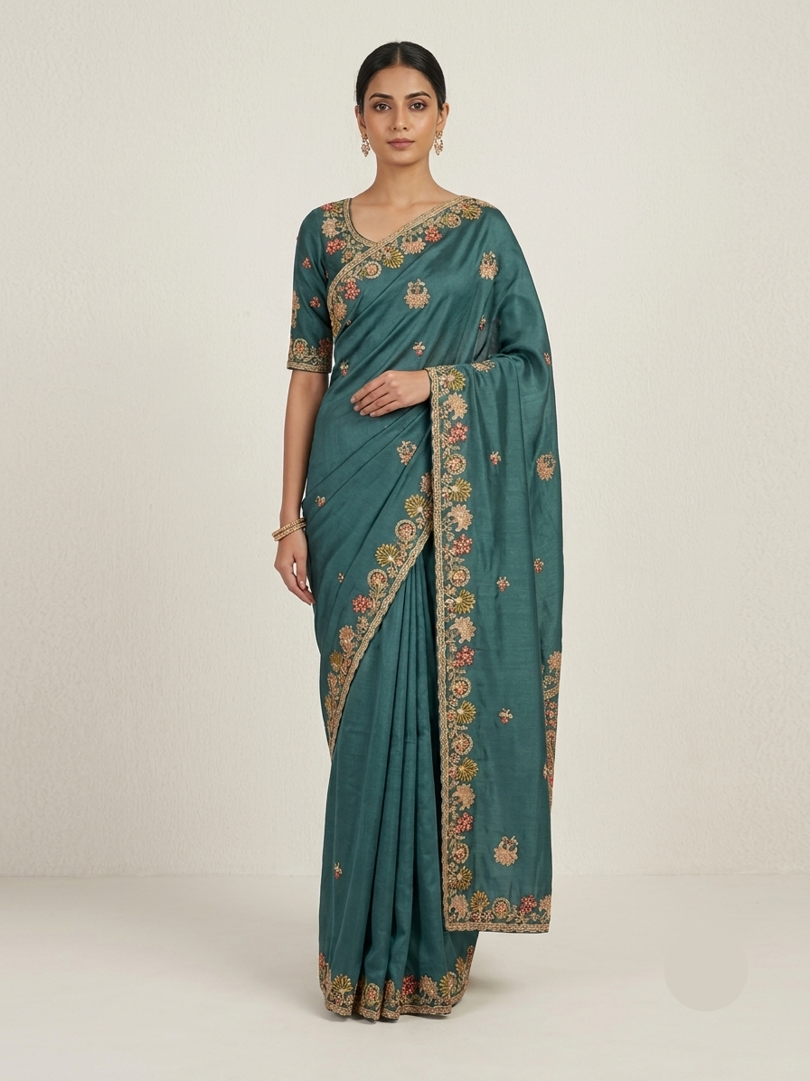 Elegant Green Silk Saree with Floral Embroidery