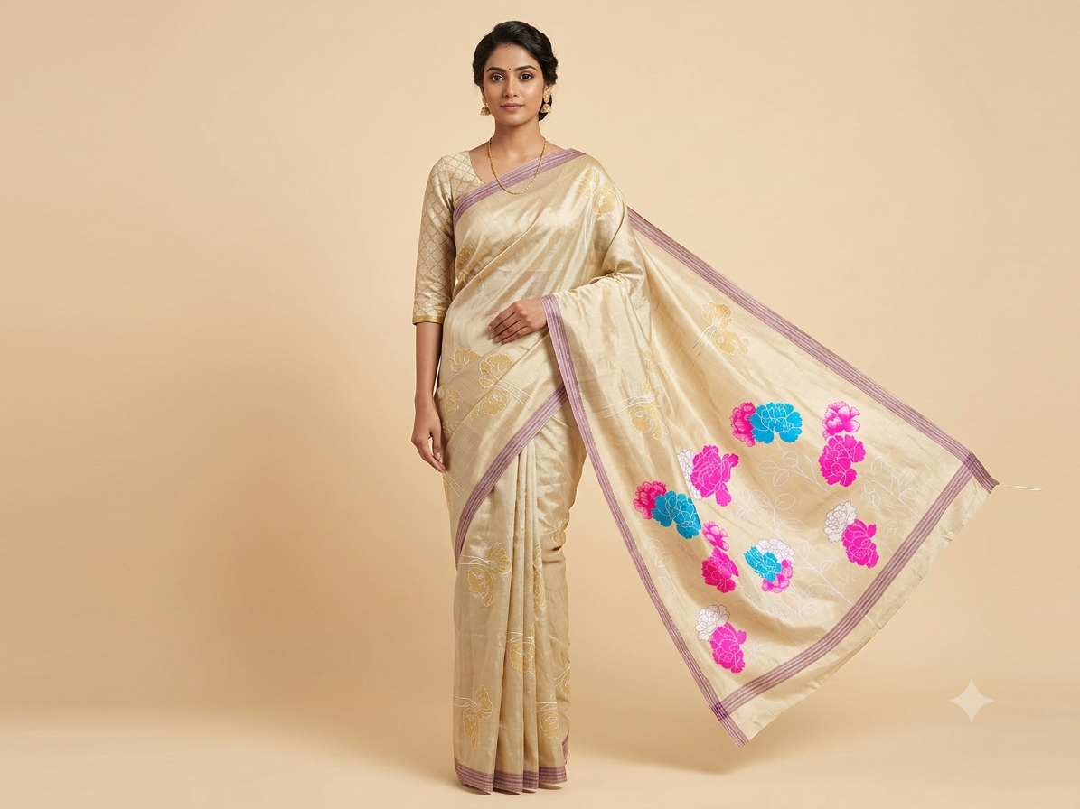Cream Soft Fabric Saree with Multicolour Floral Pallu