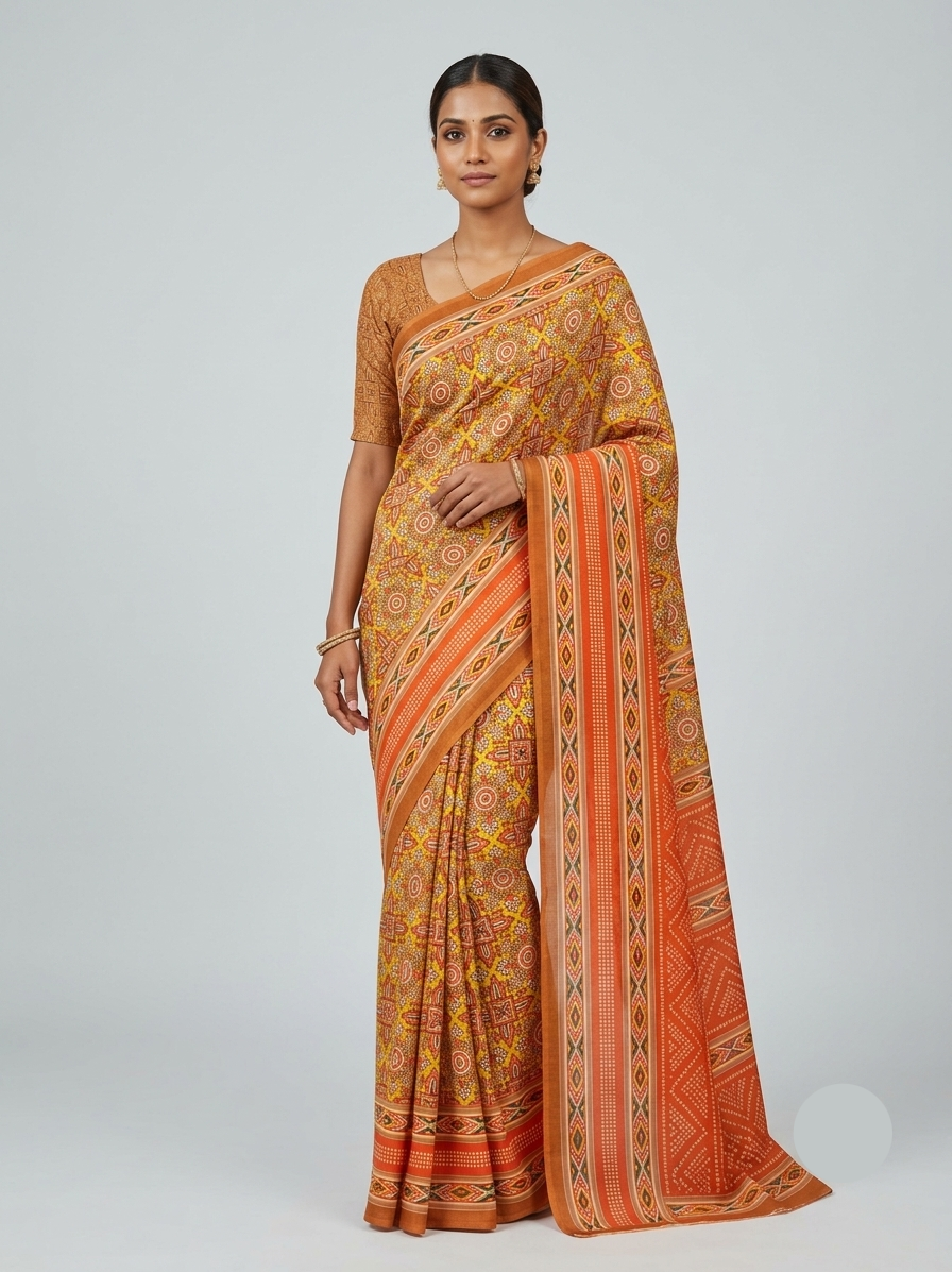 Mustard Yellow Soft Fabric Saree with Traditional Geometric Print Main image
