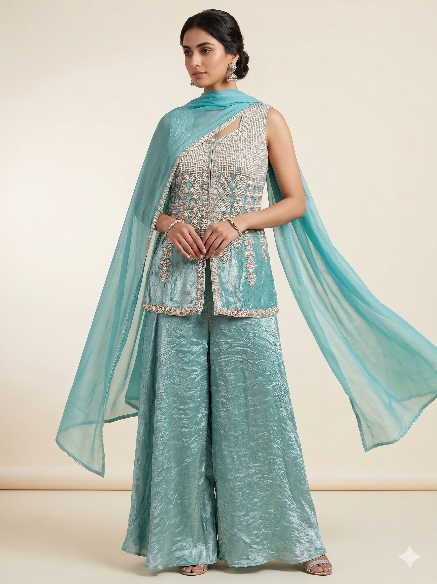 Ocean Turquoise Crinkle Silk Sharara Set Main image