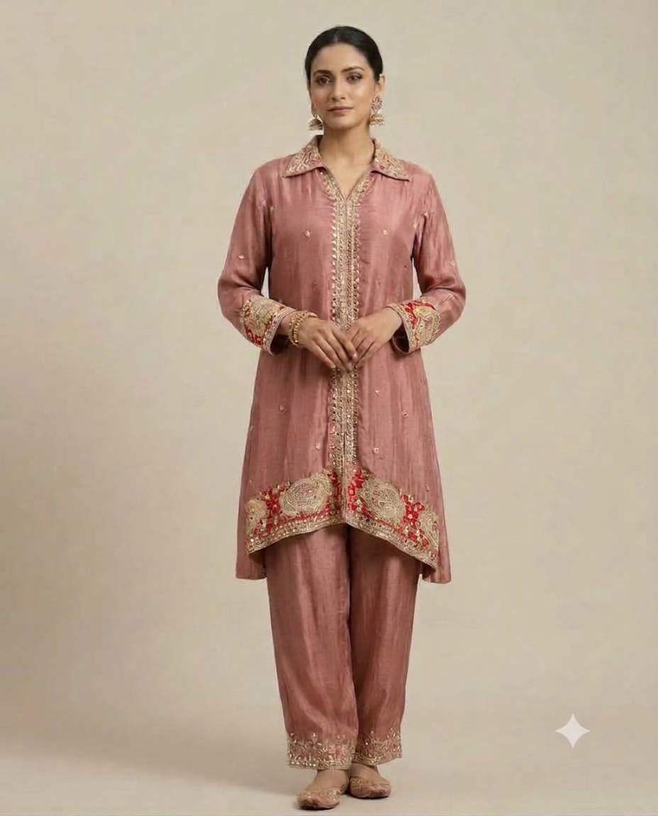 Elegent Rose Pink Embroidered Asymmetric Co-Ord Set Main image