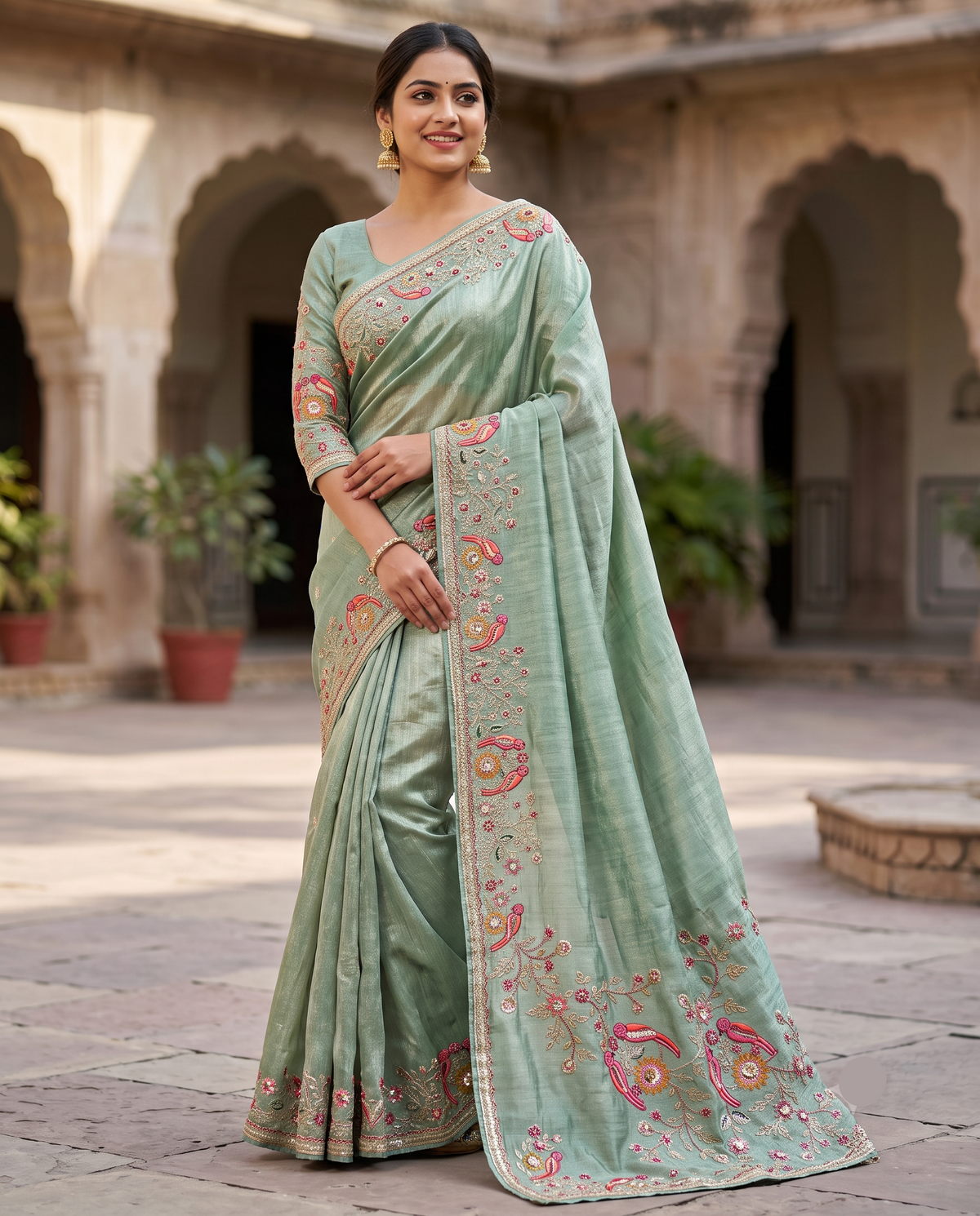 Pista Green Designer Saree with Multicolour Floral Embroidery