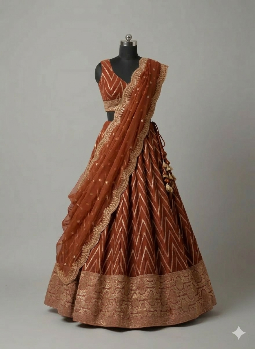 Ruby Red Chevron Silk Lehenga Set with Brocade Border (1036 GA-39)