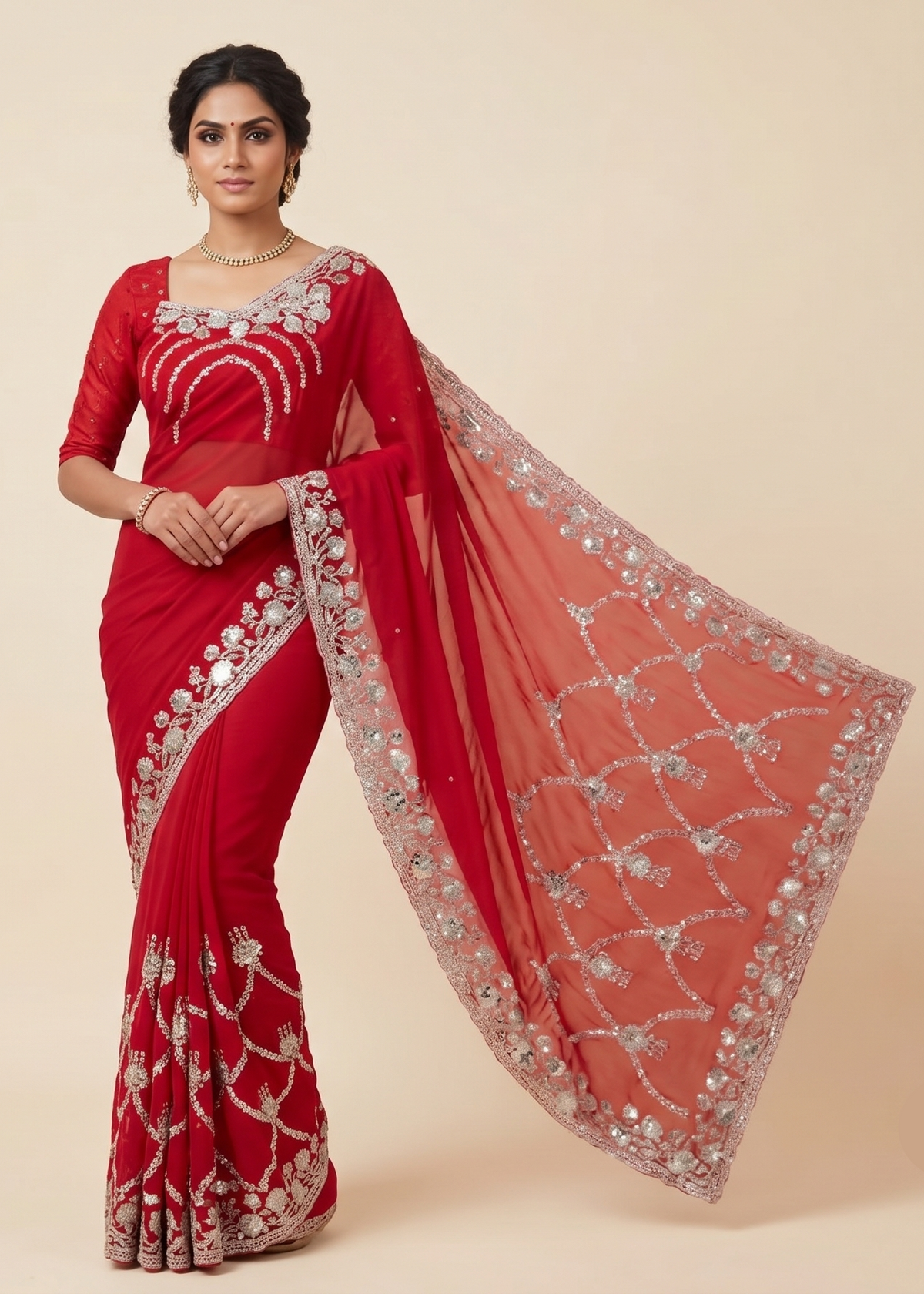 Red Soft Fabric Saree with Floral Embroidery and Designer Pallu Main image