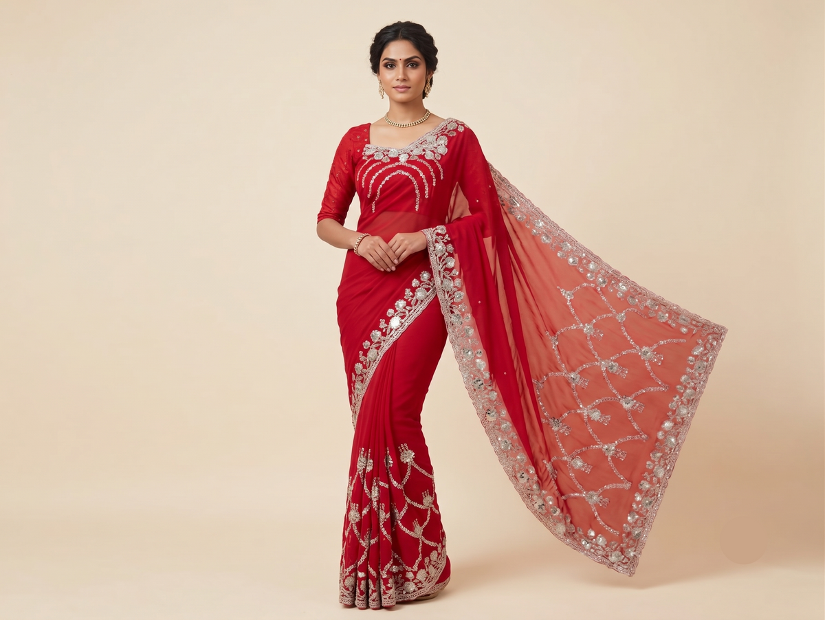 Red Soft Fabric Saree with Floral Embroidery and Designer Pallu