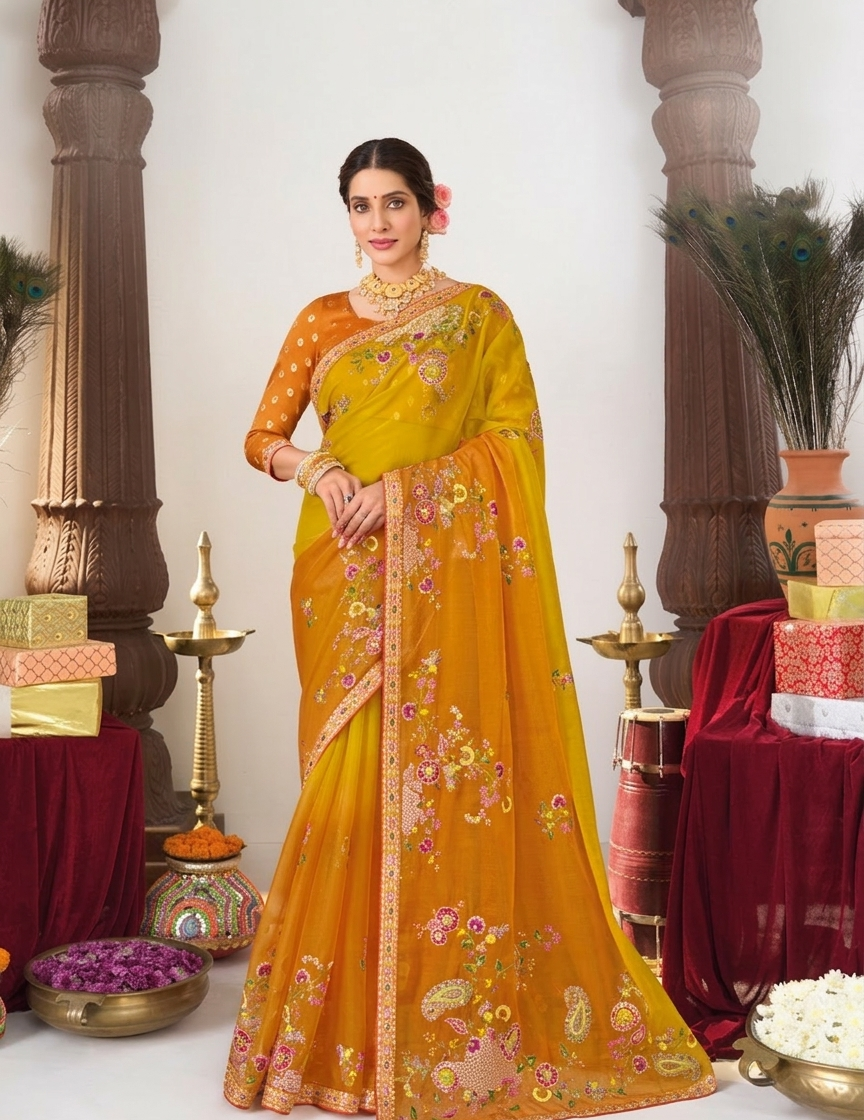 Dual-Tone Organza Saree with Floral Hand-Embroidery