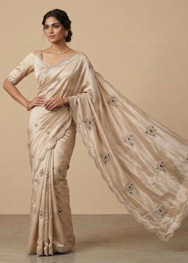 Beige Organza Saree with Embellished Scalloped Border Main image