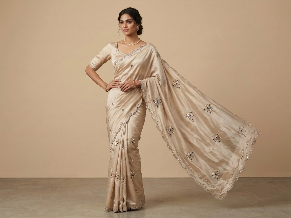 Beige Organza Saree with Embellished Scalloped Border