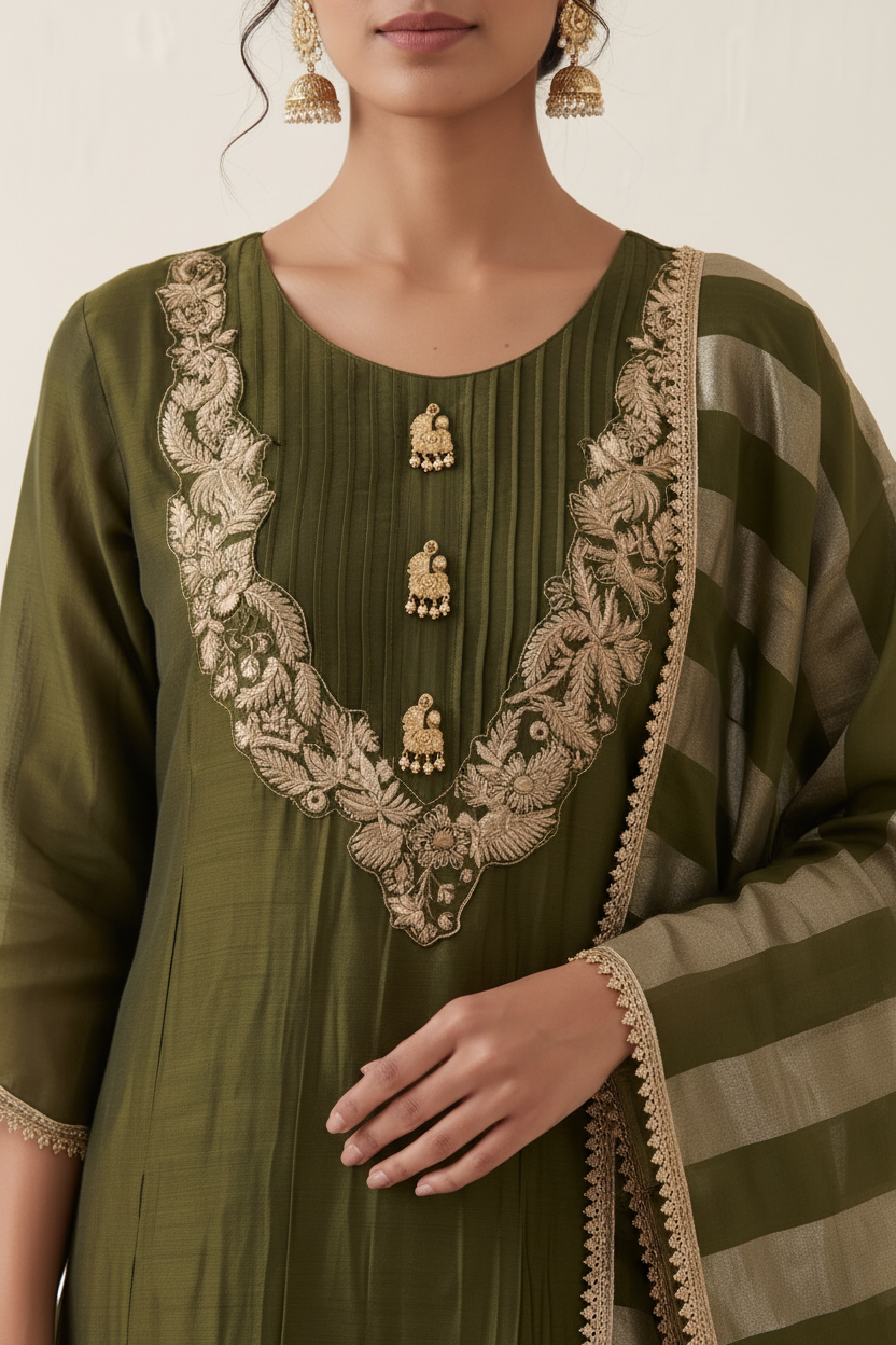 Olive Gold Silk Suit Set