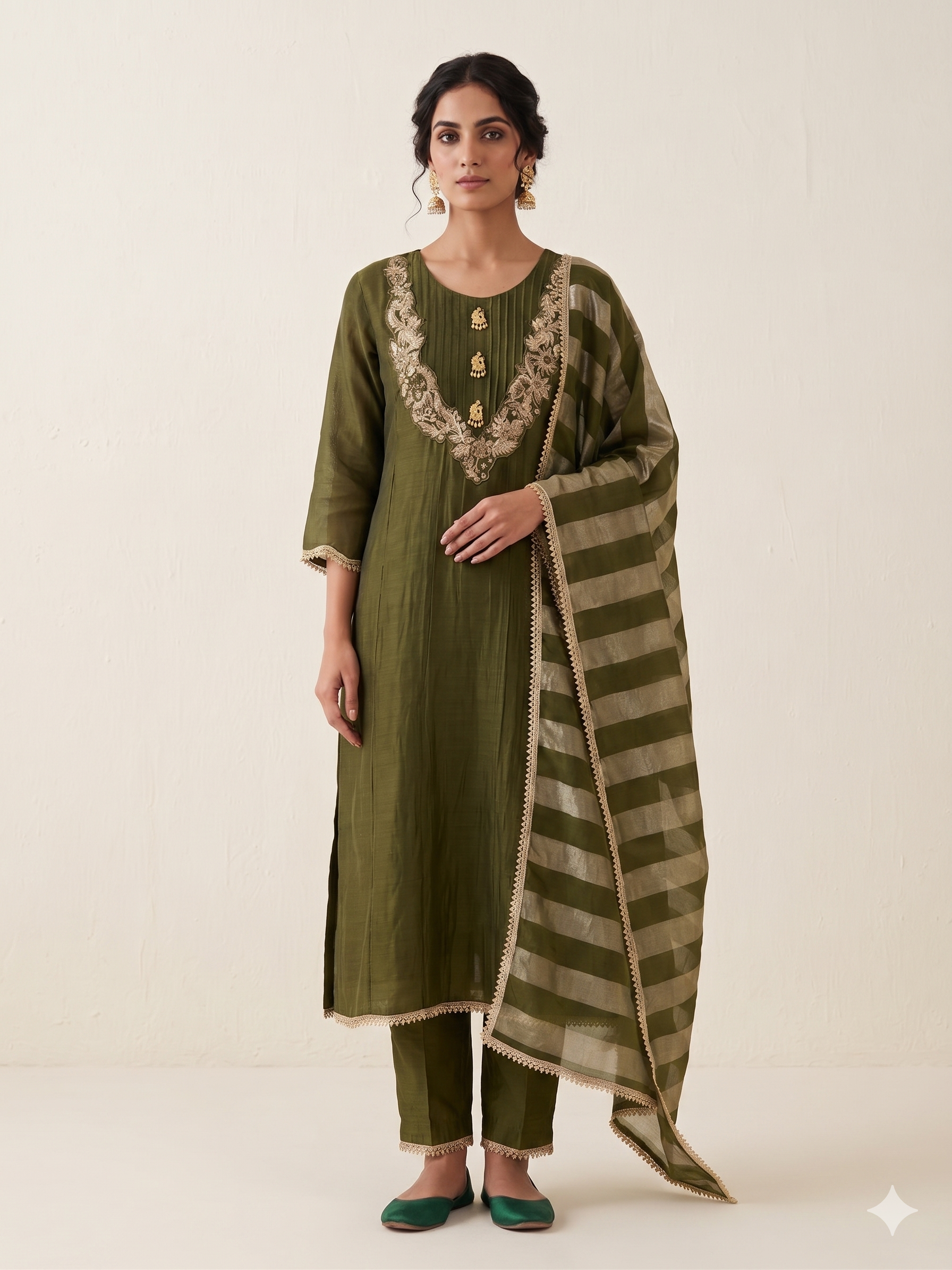 Olive Gold Silk Suit Set Main image
