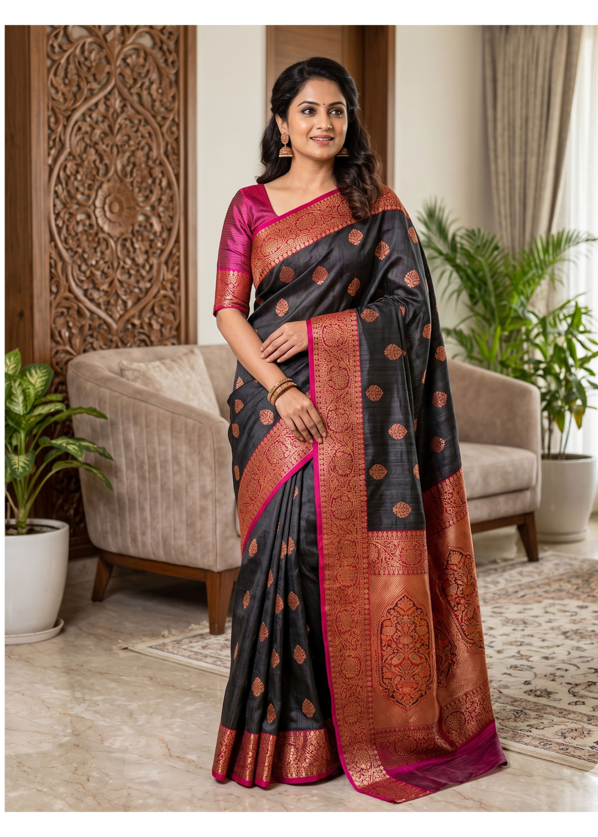 Black Banarasi-Style Saree with Copper Gold Zari Butta Motifs Main image