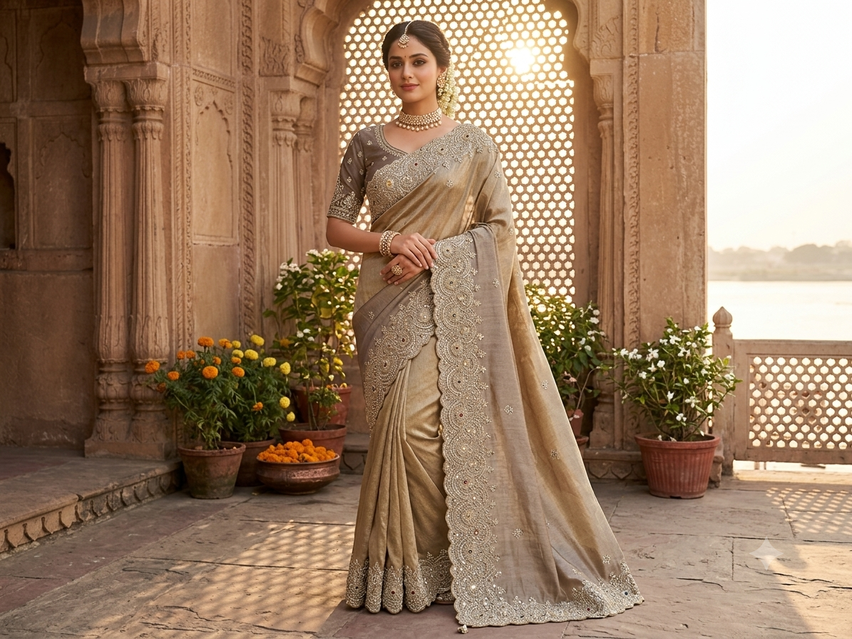 Champagne Ivory Embroidered Saree Main image