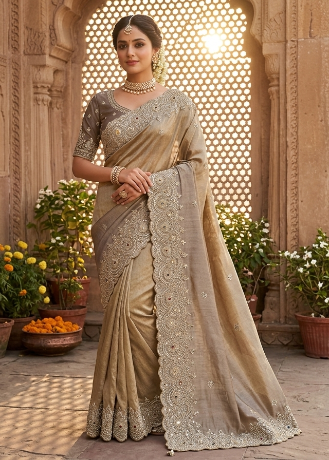 Champagne Ivory Embroidered Saree Main image